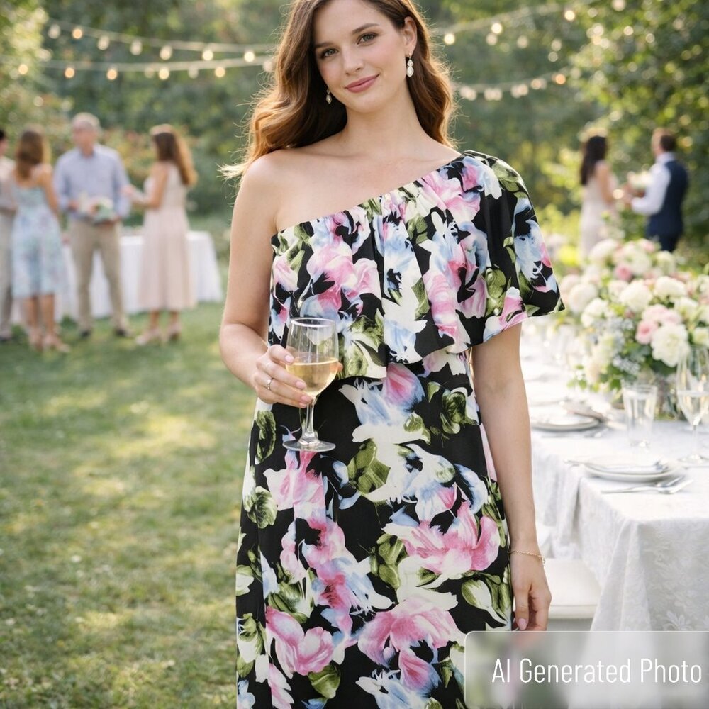 Vince Camuto Floral One Shoulder Dress 4 Ruffle Wedding Guest Cocktail Party NWT
